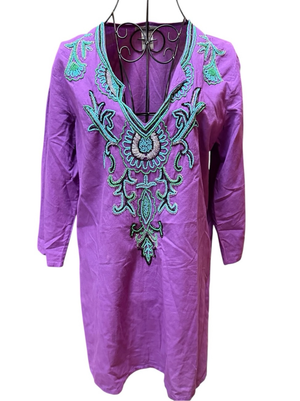 Cute Options 100% Cotton Purple Turquoise Beaded Boho Top Small